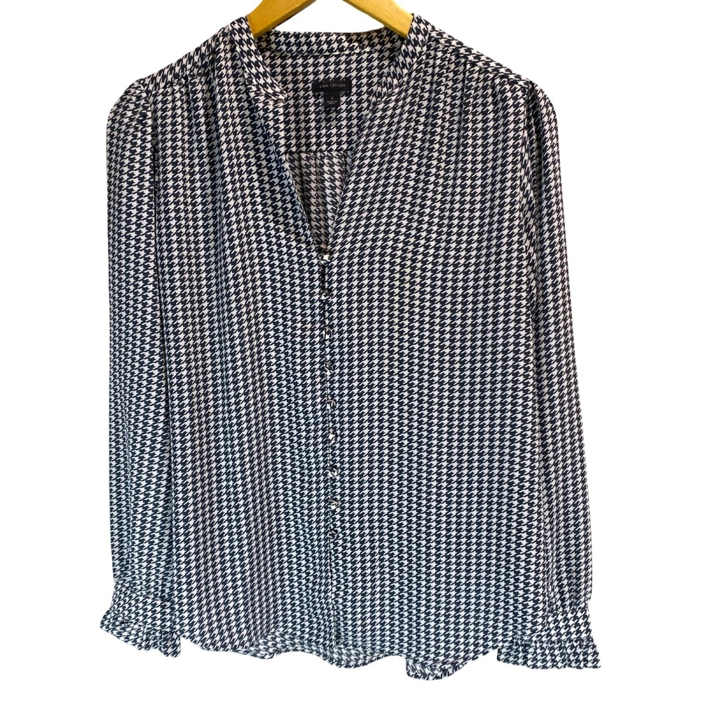 Ann Taylor Houndstooth Blouse Navy Blue‎ White Button Front Ruffle Cuff Small
